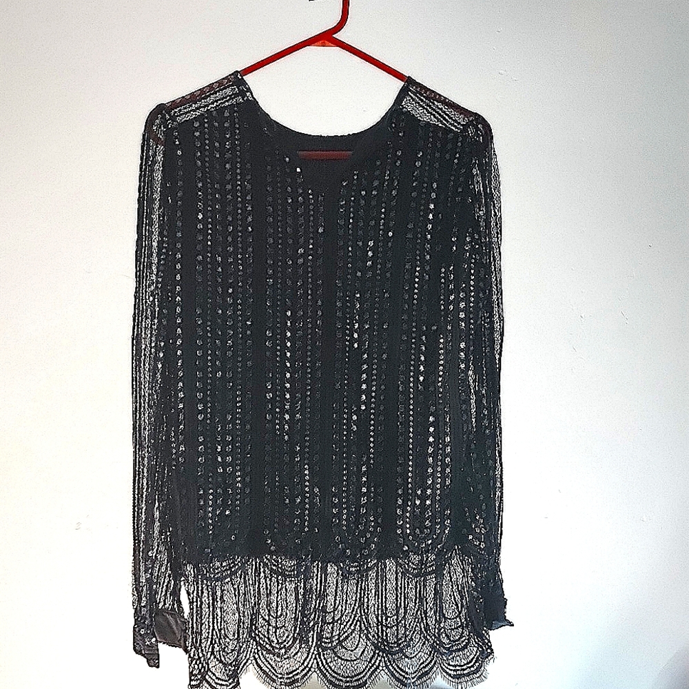 Vintage 1980s Sequinned Beaded Blouse Sheer Black Chiffon Size M Golbary size: 2
